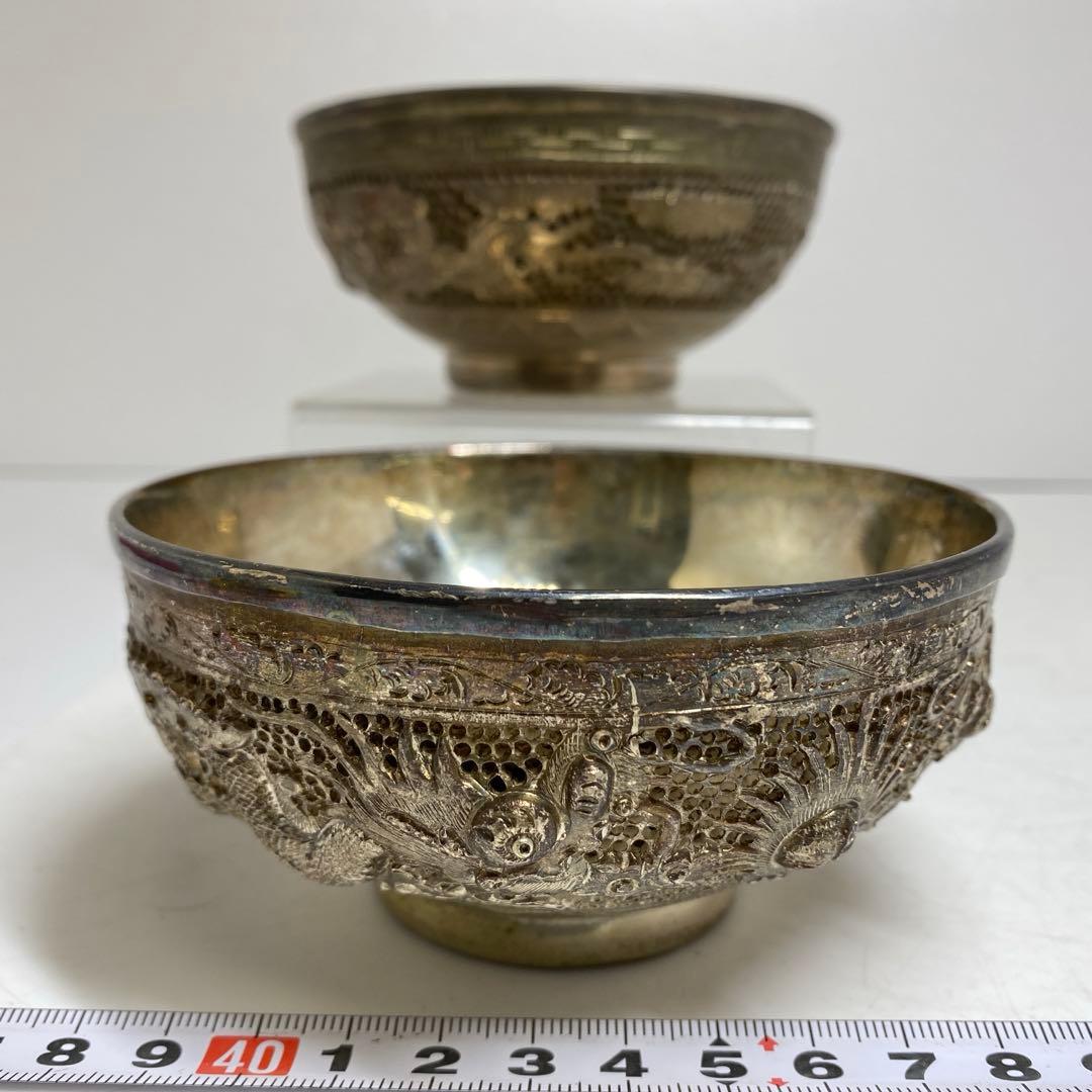 中国古玩　龍銀細工茶碗　2客　直径11.3㎝　521gタサオ　東な8-0104③