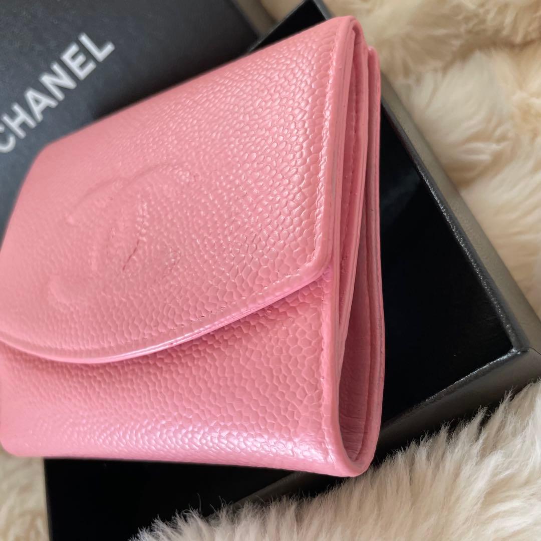 シャネル CHANEL 財布 二つ折りピンク キャビア ココマーク 正規品