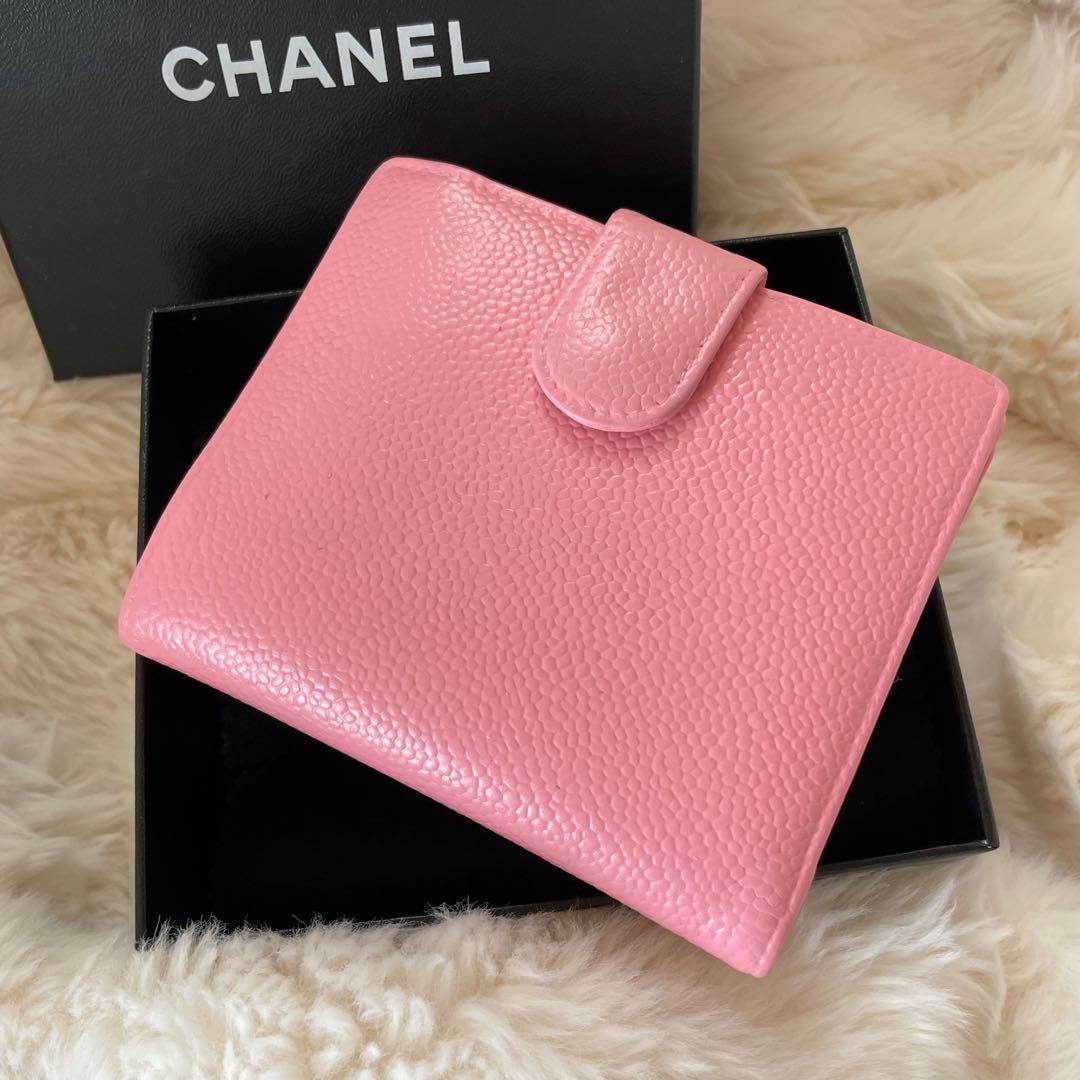 シャネル CHANEL 財布 二つ折りピンク キャビア ココマーク 正規品