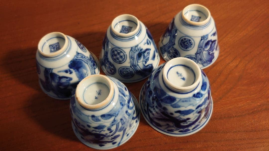 李朝　煎茶碗　染付　九谷焼　龍の図　古染付　アンティーク伊万里　５客