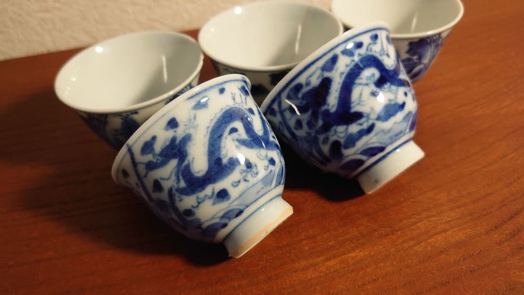 李朝　煎茶碗　染付　九谷焼　龍の図　古染付　アンティーク伊万里　５客