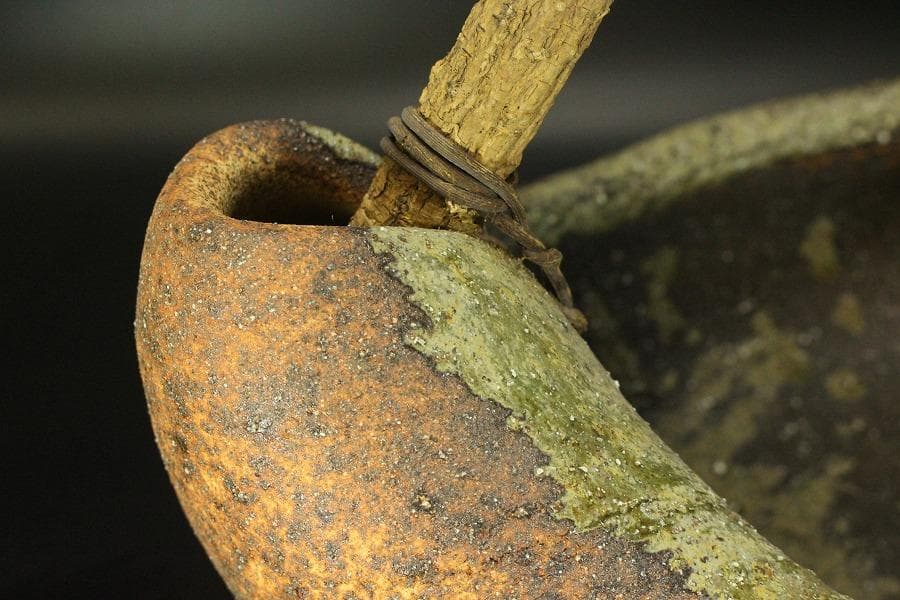 陶器 信楽 舟形 自然木 手付き 盛鉢 43.5cmx31.5cm(A342)