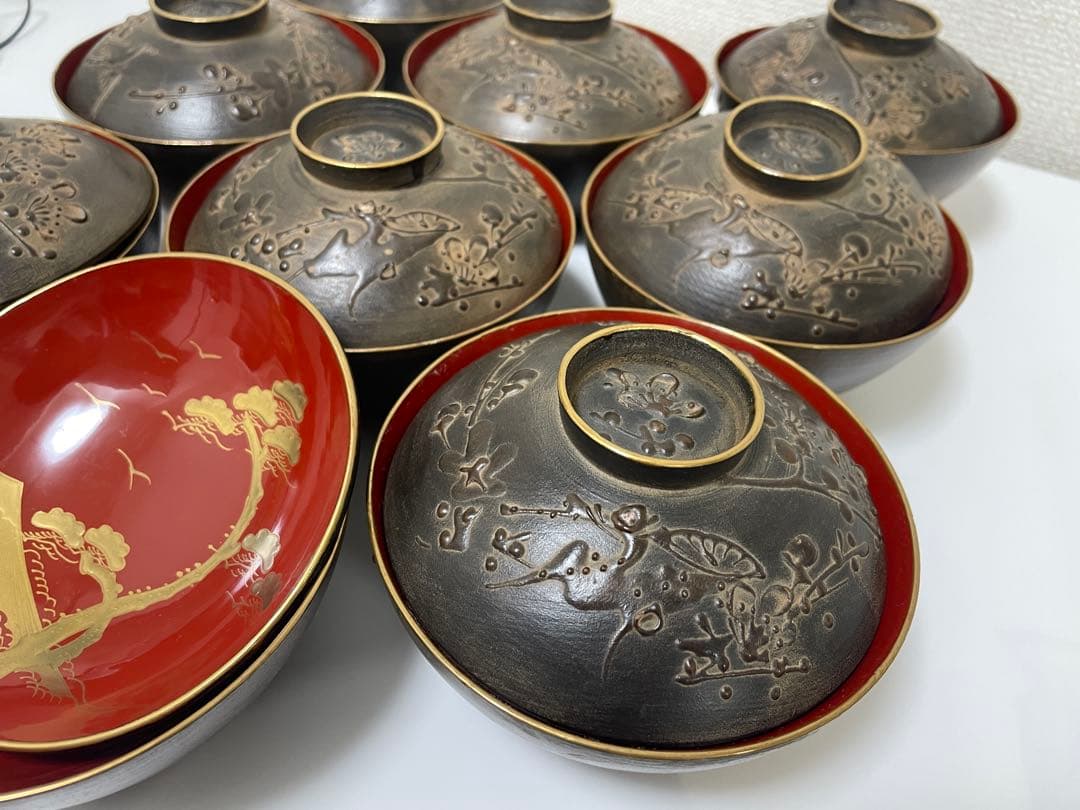明治 大正期 会津塗 鉄錆塗 蒔絵 富士山 松 梅 木製 蓋付き お椀 内朱 ②