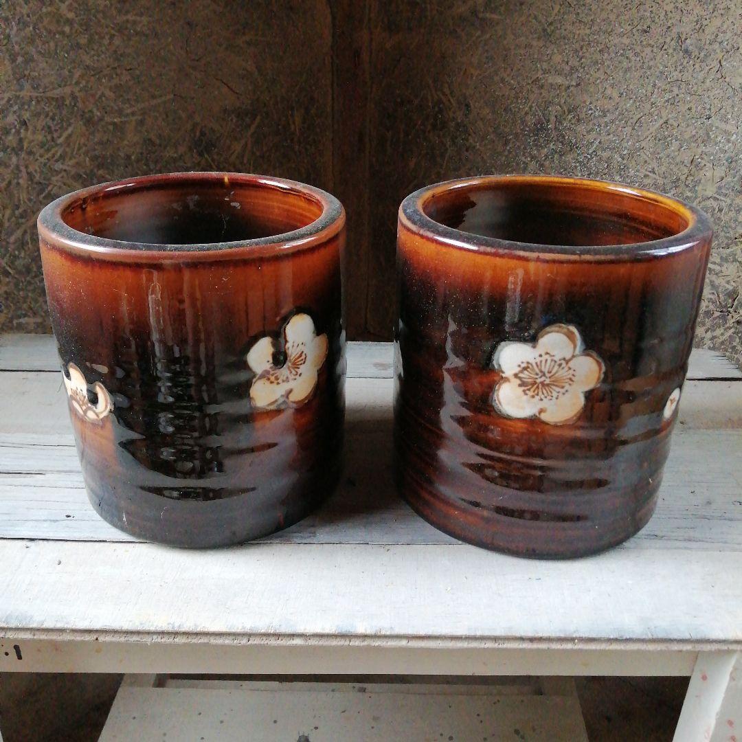 瀬戸焼　飴釉火鉢一対　19cm　大正～昭和中期