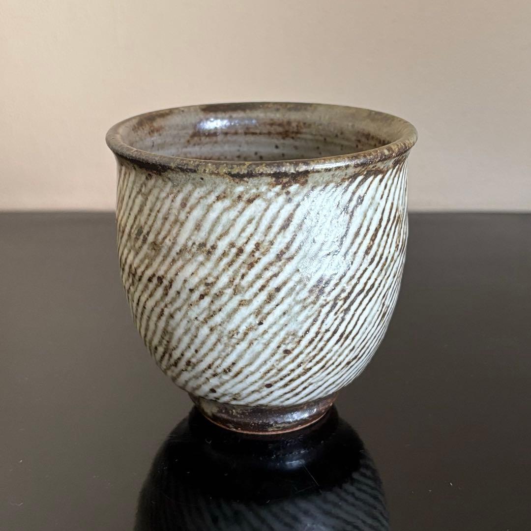 人間国宝 島岡達三 益子焼 象嵌湯呑 共箱 陶歴付 茶器 湯呑み 1客