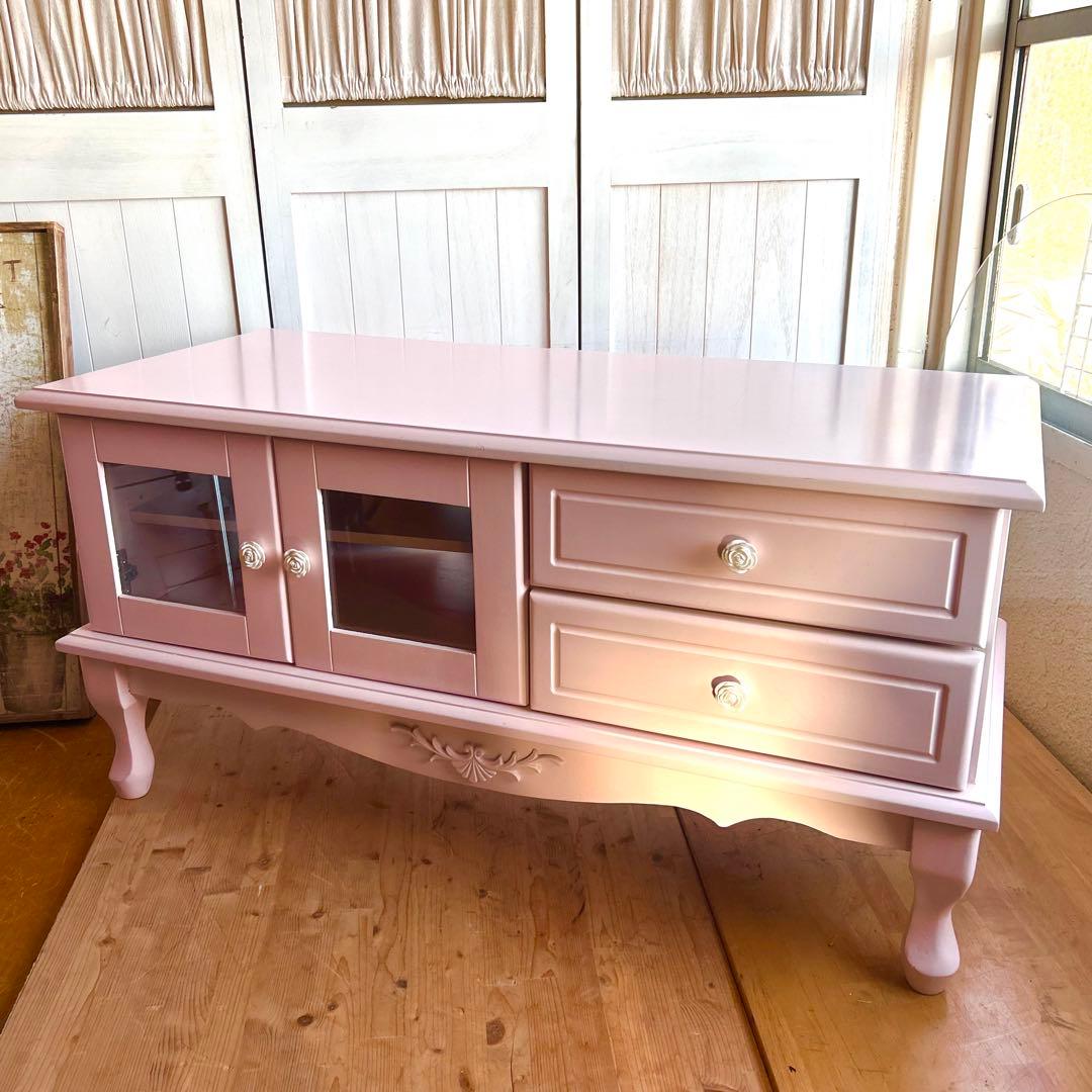 ピンクのテレビボード　フェミニン プリンセス系 幅90cm ロココ調　テレビ台