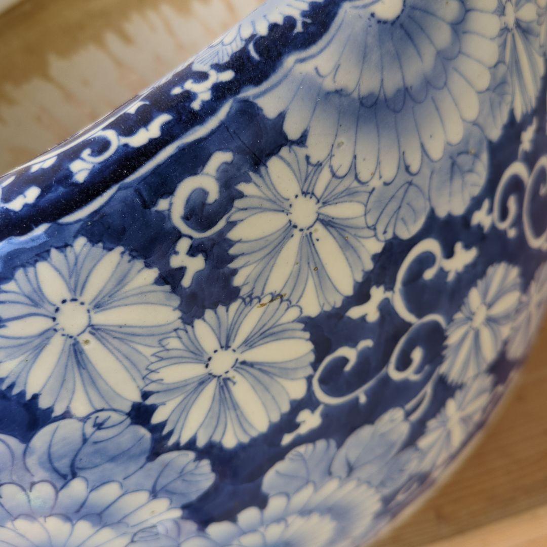 骨董 火鉢 染め付け モダン レトロ花 メダカ 睡蓮鉢 金魚 テーブル