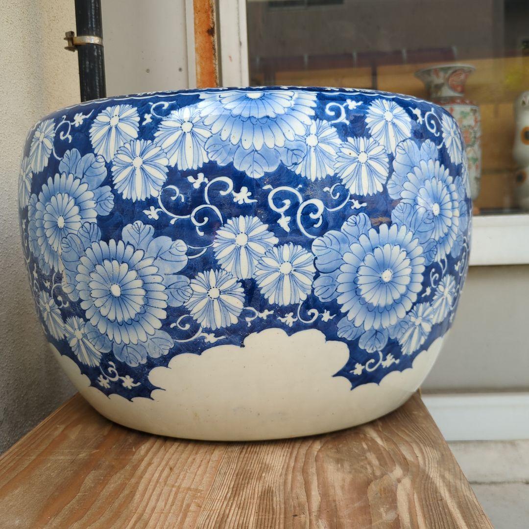 骨董 火鉢 染め付け モダン レトロ花 メダカ 睡蓮鉢 金魚 テーブル