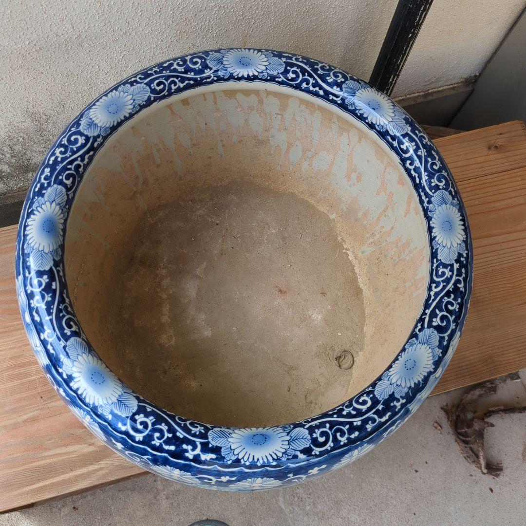 骨董 火鉢 染め付け モダン レトロ花 メダカ 睡蓮鉢 金魚 テーブル