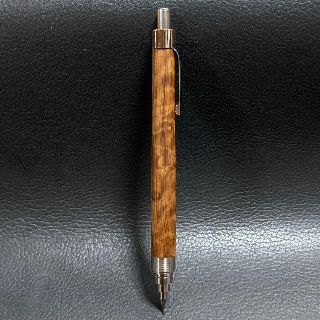 221屋久杉油木トラ杢　木製シャーペン　超低重心溝付き　ステンレス