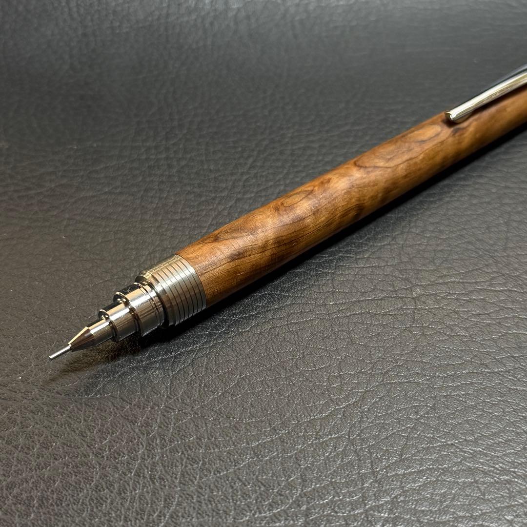 221屋久杉油木トラ杢　木製シャーペン　超低重心溝付き　ステンレス