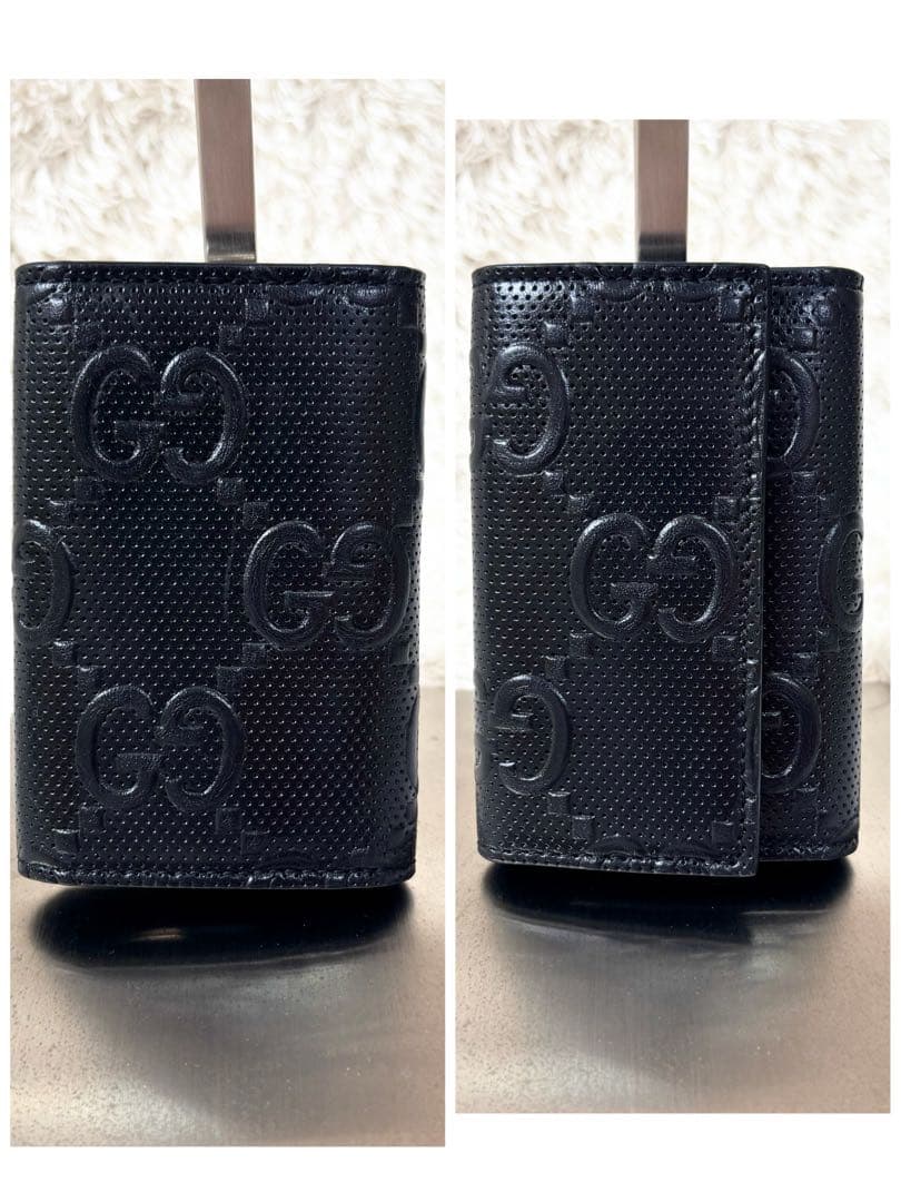 美品 グッチ エンボス ジャンボ GG 6連 キーケース キーリング ブラック