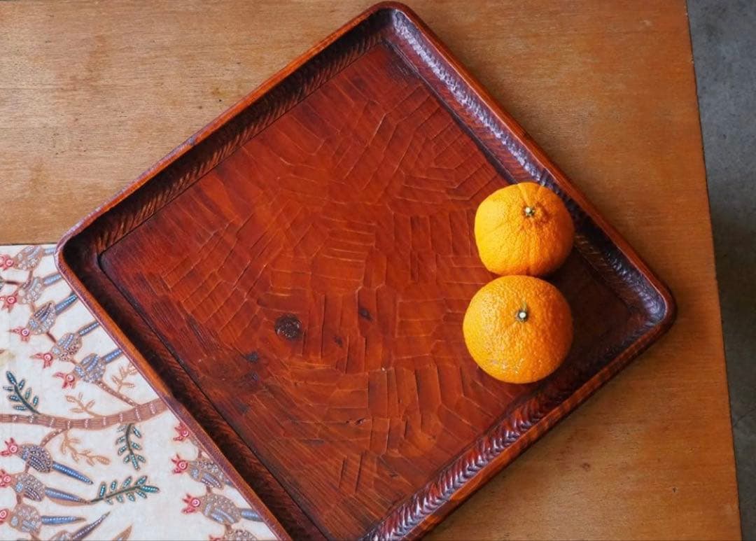 讃岐盆　超美品　木製彫刻模様入り　正方形　お盆　トレー　５枚セット
