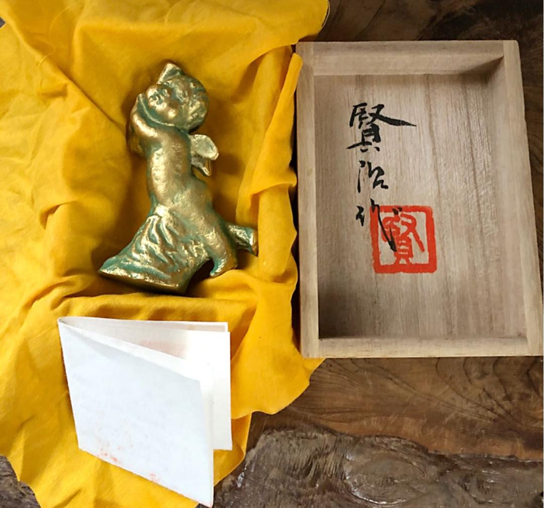 ブロンズ像 (天使) 日展作家 銭亀賢治作 略歴付き 共箱 時代