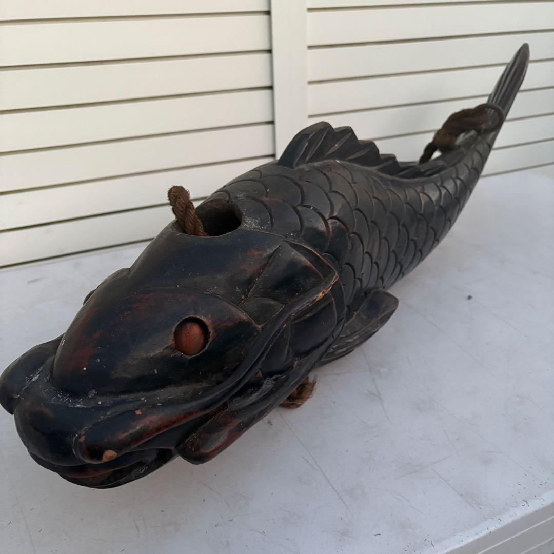 古作■自在鉤 無垢材 鯉型 精緻彫刻 吊り縄 鉄鈎付き 囲炉裏 古道具