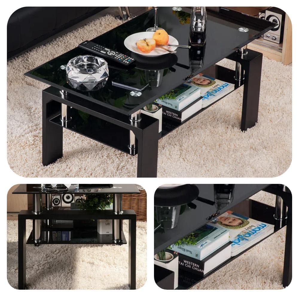 ガラステーブル センター 幅88cm 強化ガラス天板 収納付 二段収納 棚付き