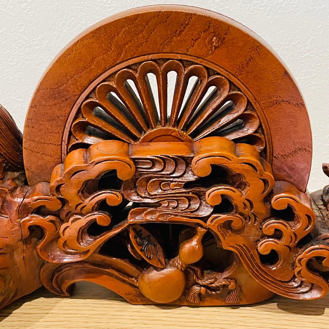 大型 彫辰作 鶴亀彫 親子亀 墨壺 墨つぼ 墨壷 置物 木製 在銘 大工道具