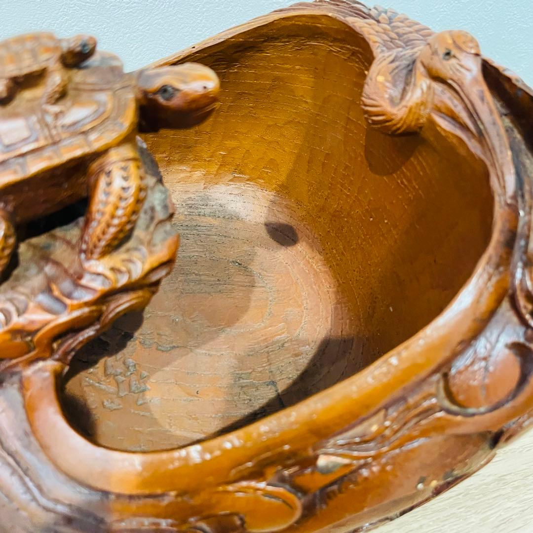 大型 彫辰作 鶴亀彫 親子亀 墨壺 墨つぼ 墨壷 置物 木製 在銘 大工道具