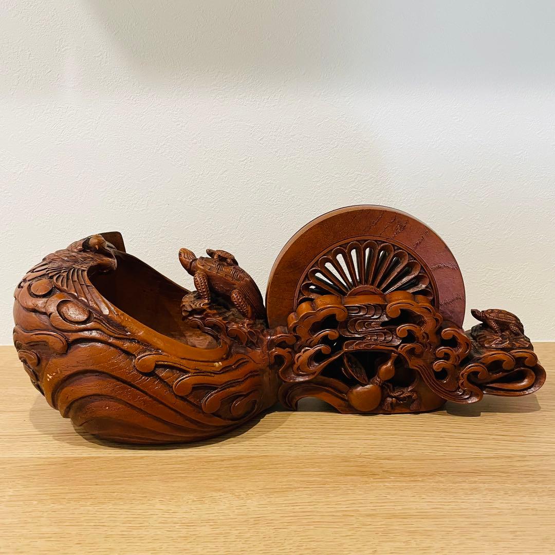 大型 彫辰作 鶴亀彫 親子亀 墨壺 墨つぼ 墨壷 置物 木製 在銘 大工道具