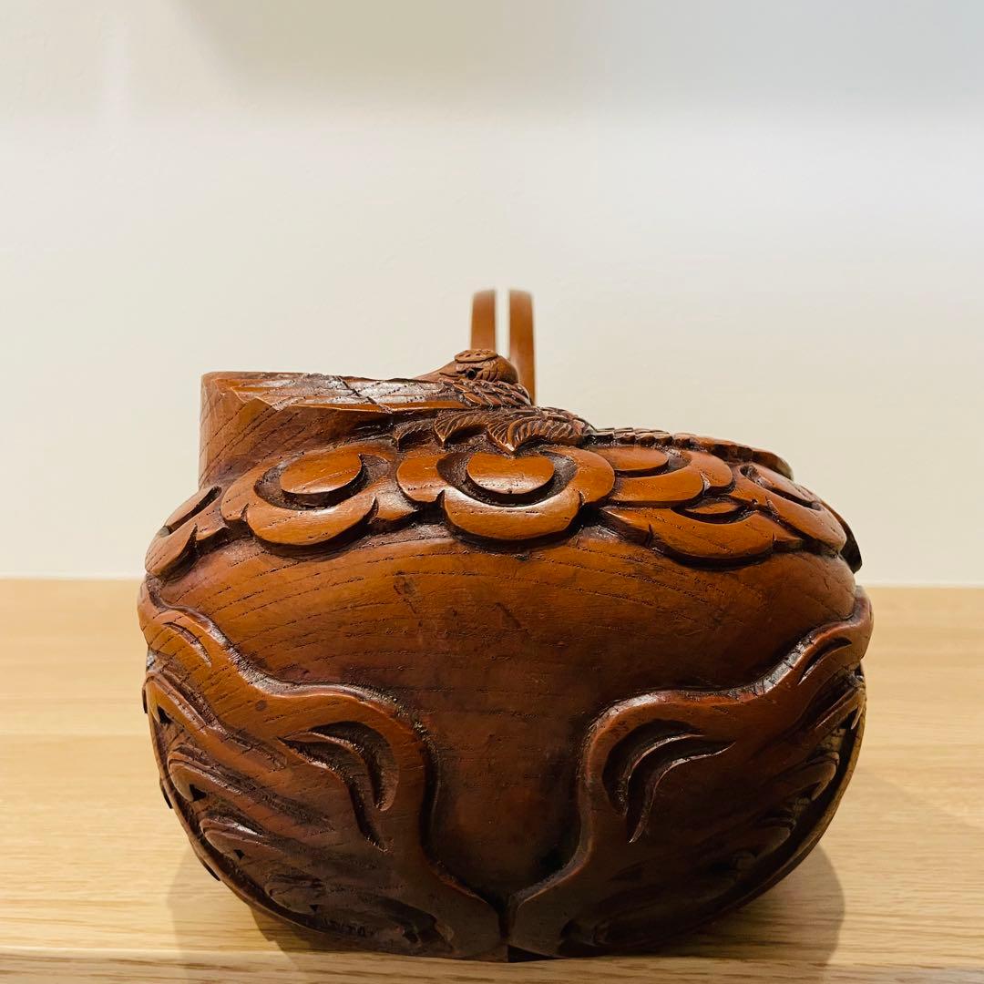 大型 彫辰作 鶴亀彫 親子亀 墨壺 墨つぼ 墨壷 置物 木製 在銘 大工道具