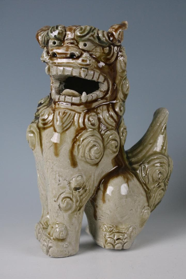 人間国宝一門　金城敏徳 作　緑釉立シーサー（大）1対