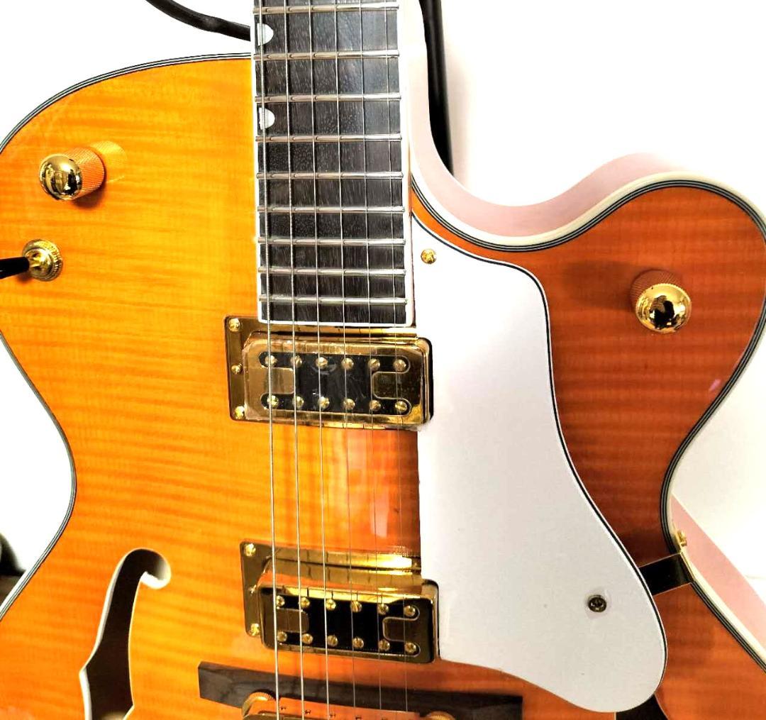 フルアコアーチトップギター③　オレンジ虎目トレモロアーム　ステンレスフレット