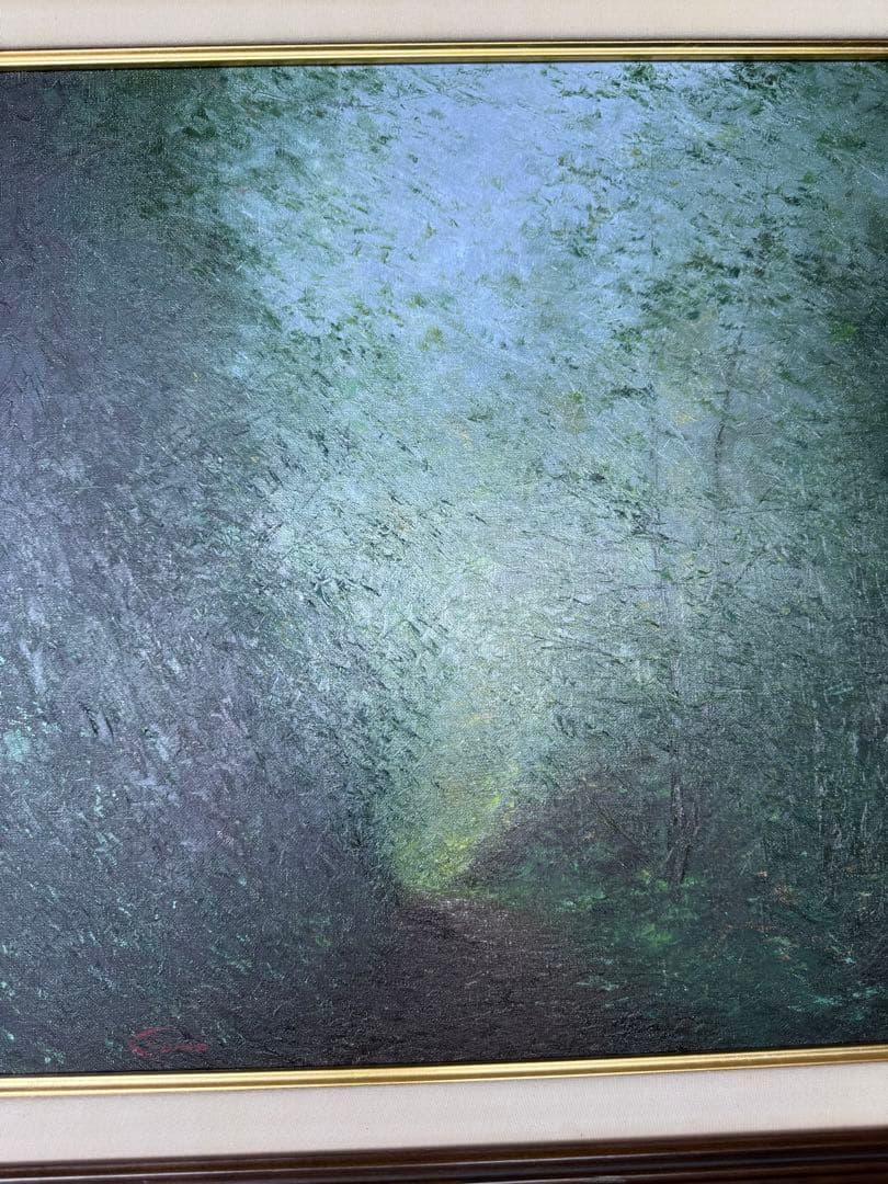 板垣文雄 油彩画 NO.1953 1988年制作　山形県古寺への経にて黒檀額付き