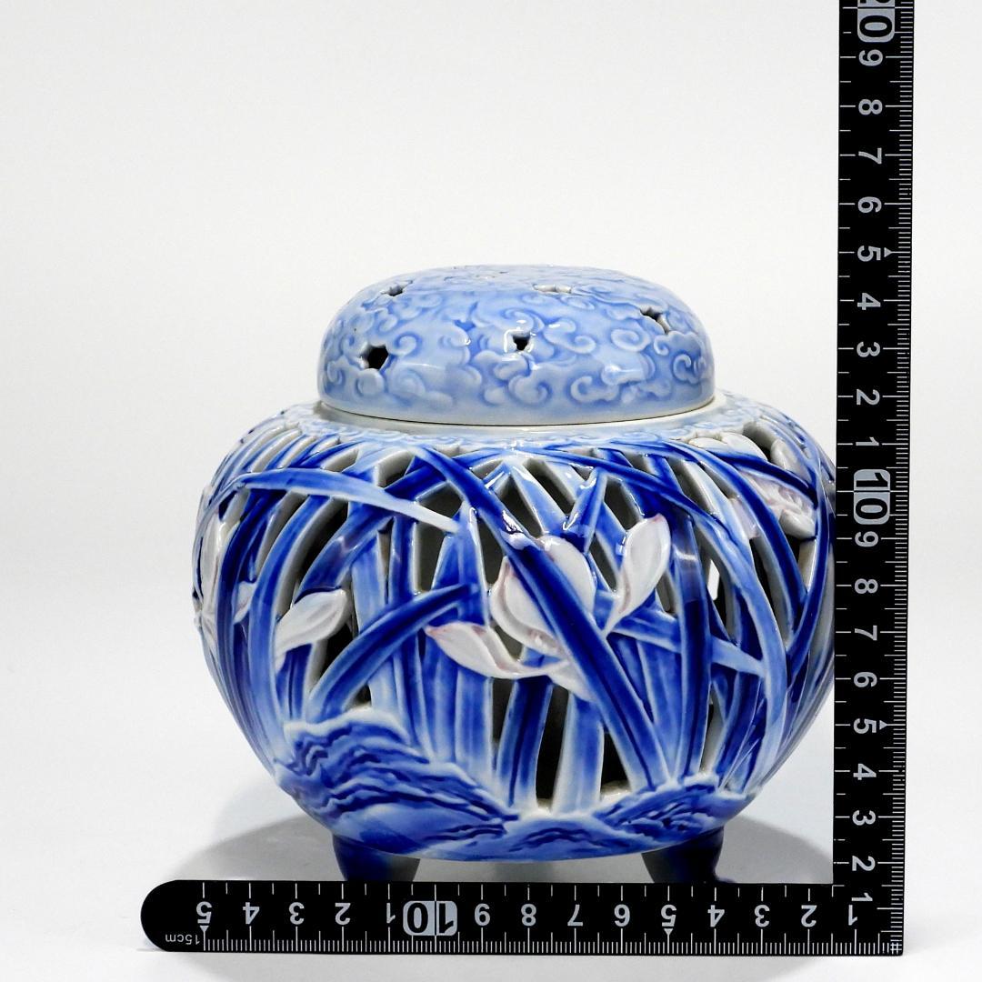 深川製　蘭彫刻 香炉 共箱