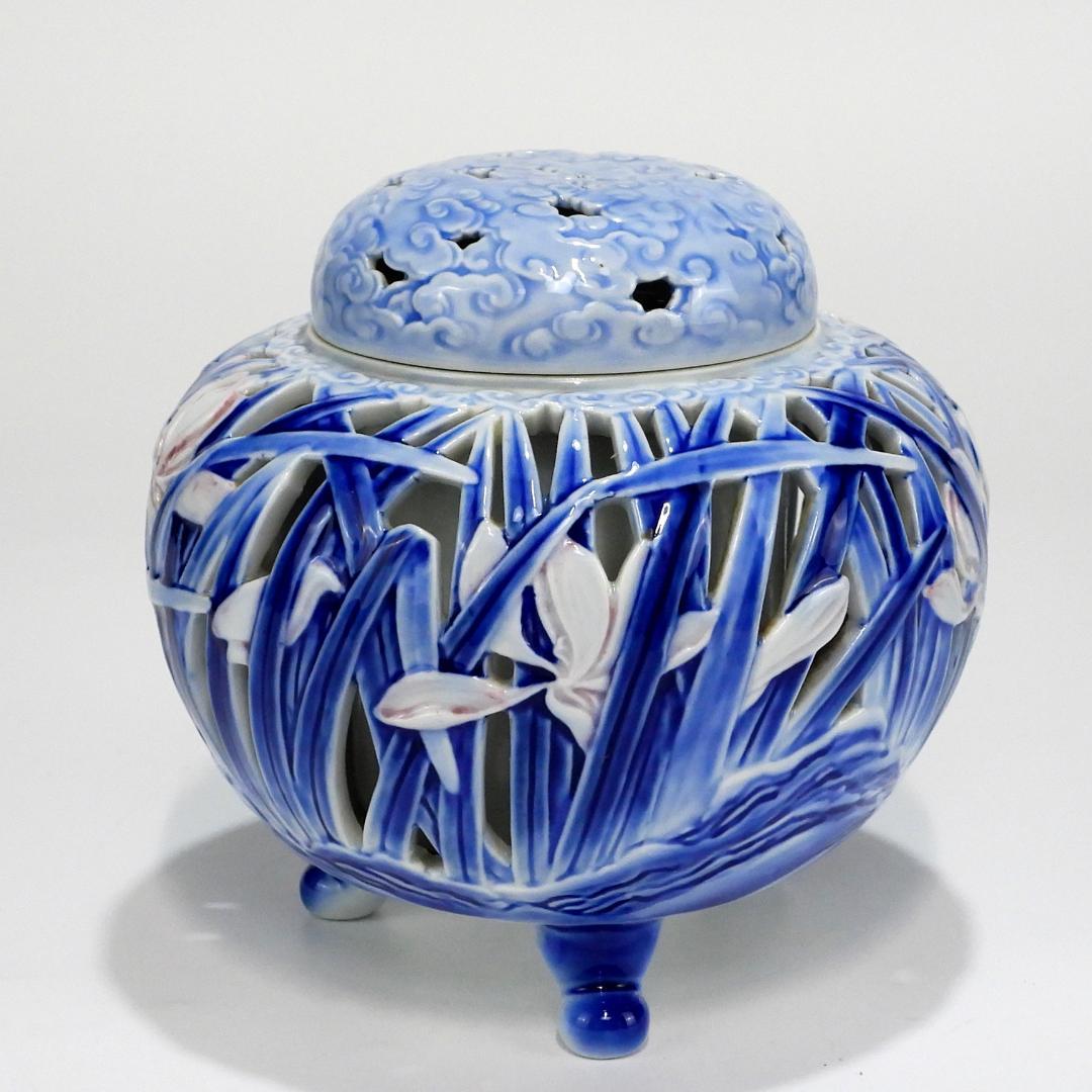 深川製　蘭彫刻 香炉 共箱