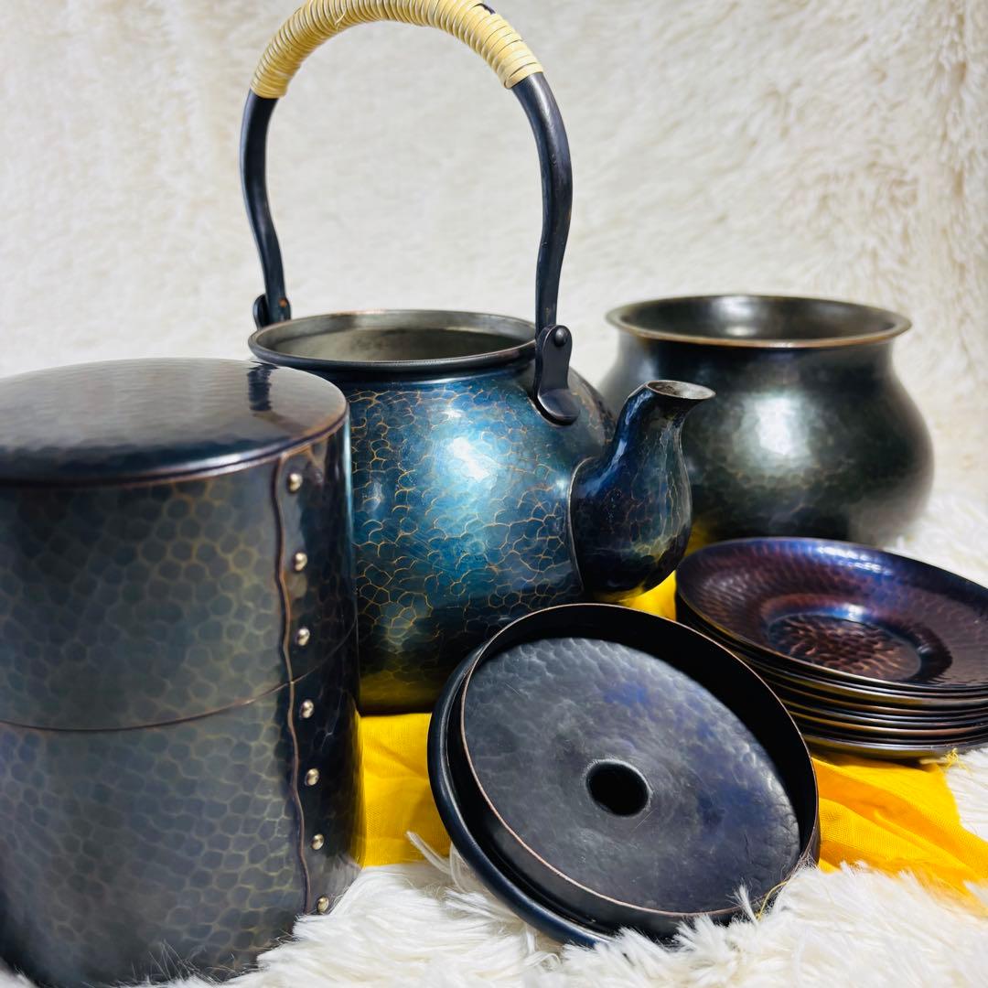 玉川堂　茶筒　建水　水差し　薬缶　鎚起銅器　茶器揃　玉虫　紫　燕三新潟県