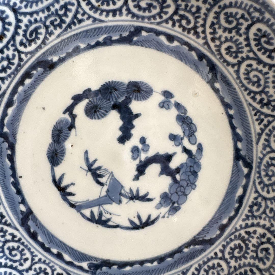 有田 伊万里 染付 印判手 小皿 蛸唐草 渦唐草 見返し蓮弁 見込 花文 竹葉