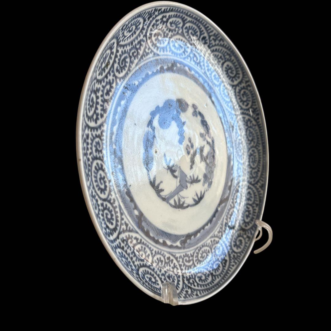 有田 伊万里 染付 印判手 小皿 蛸唐草 渦唐草 見返し蓮弁 見込 花文 竹葉