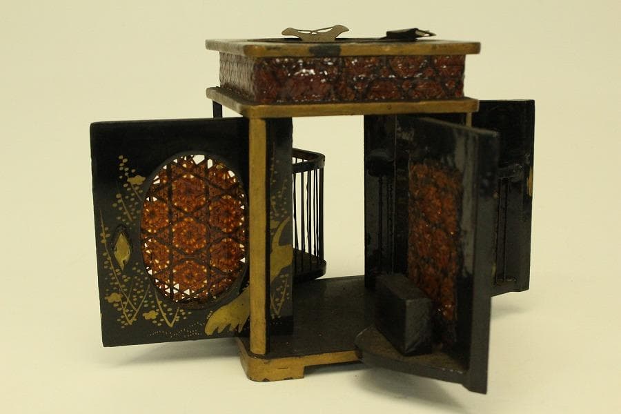 螺鈿蓋物 窓網代 花鳥蒔絵 四方 煙草具 二件(A742)