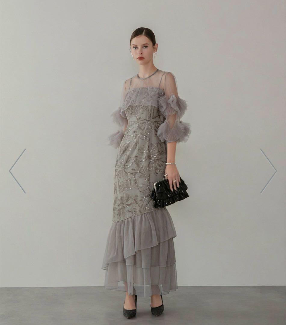 【Leja】フラワースパンコールチュールフリルスリーブIラインワンピース