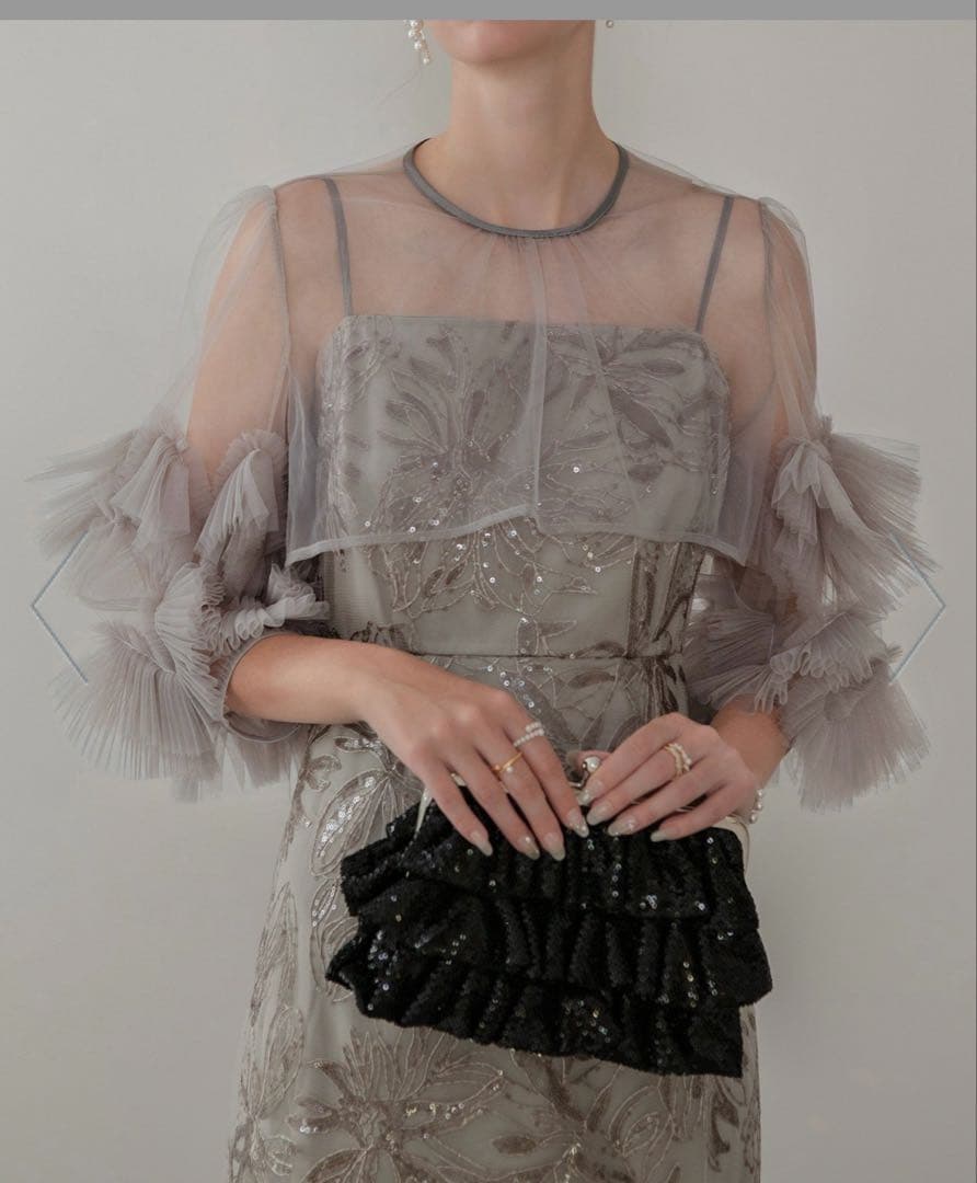 【Leja】フラワースパンコールチュールフリルスリーブIラインワンピース