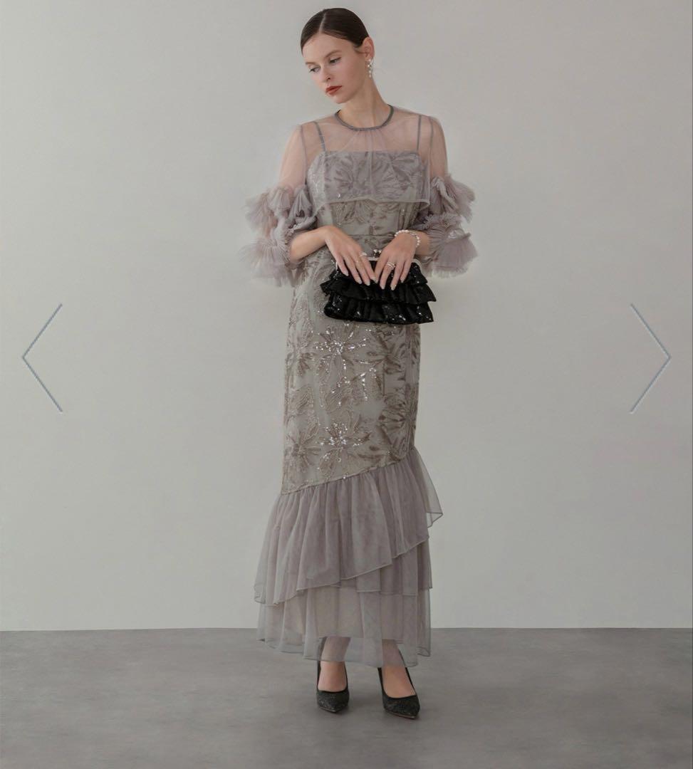 【Leja】フラワースパンコールチュールフリルスリーブIラインワンピース