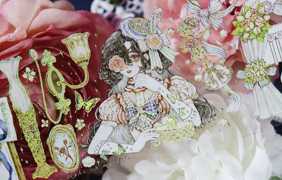 巻売 523★ 海外 マスキングテープ マステ PET 装飾 人物 金ホロ+水晶