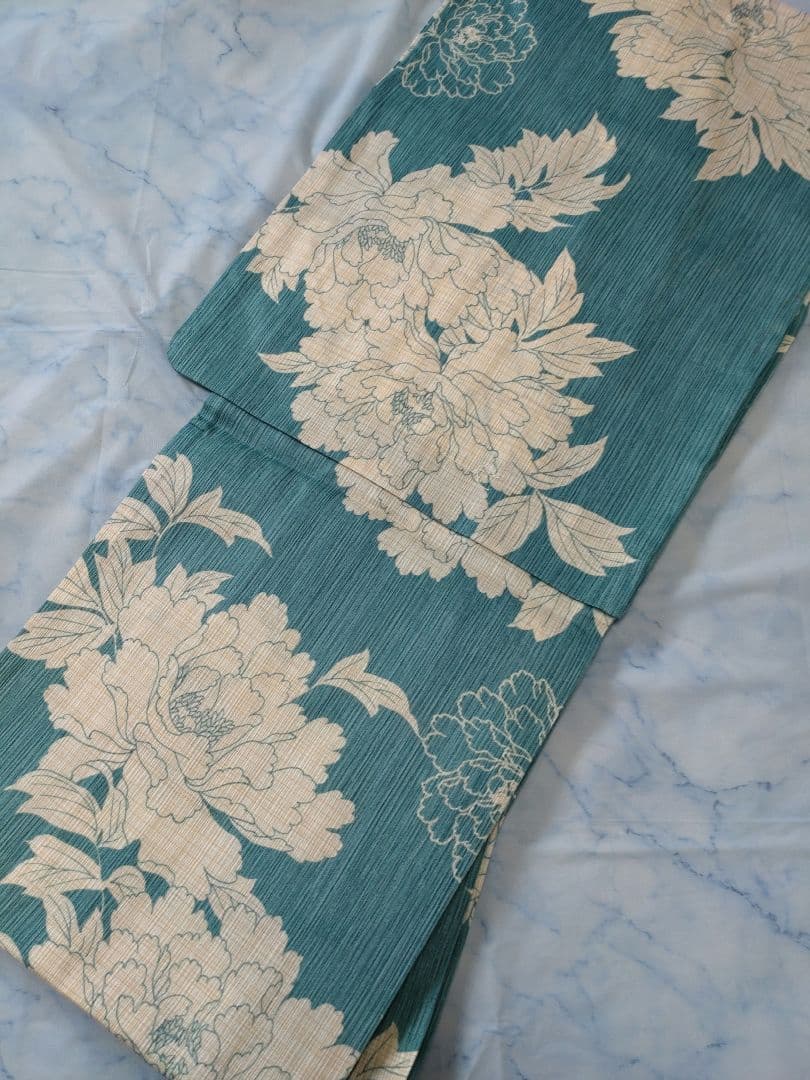 【ラスト１枚】✿新品未使用　綿麻浴衣　ターコイズブルー　高級浴衣　碧色　牡丹