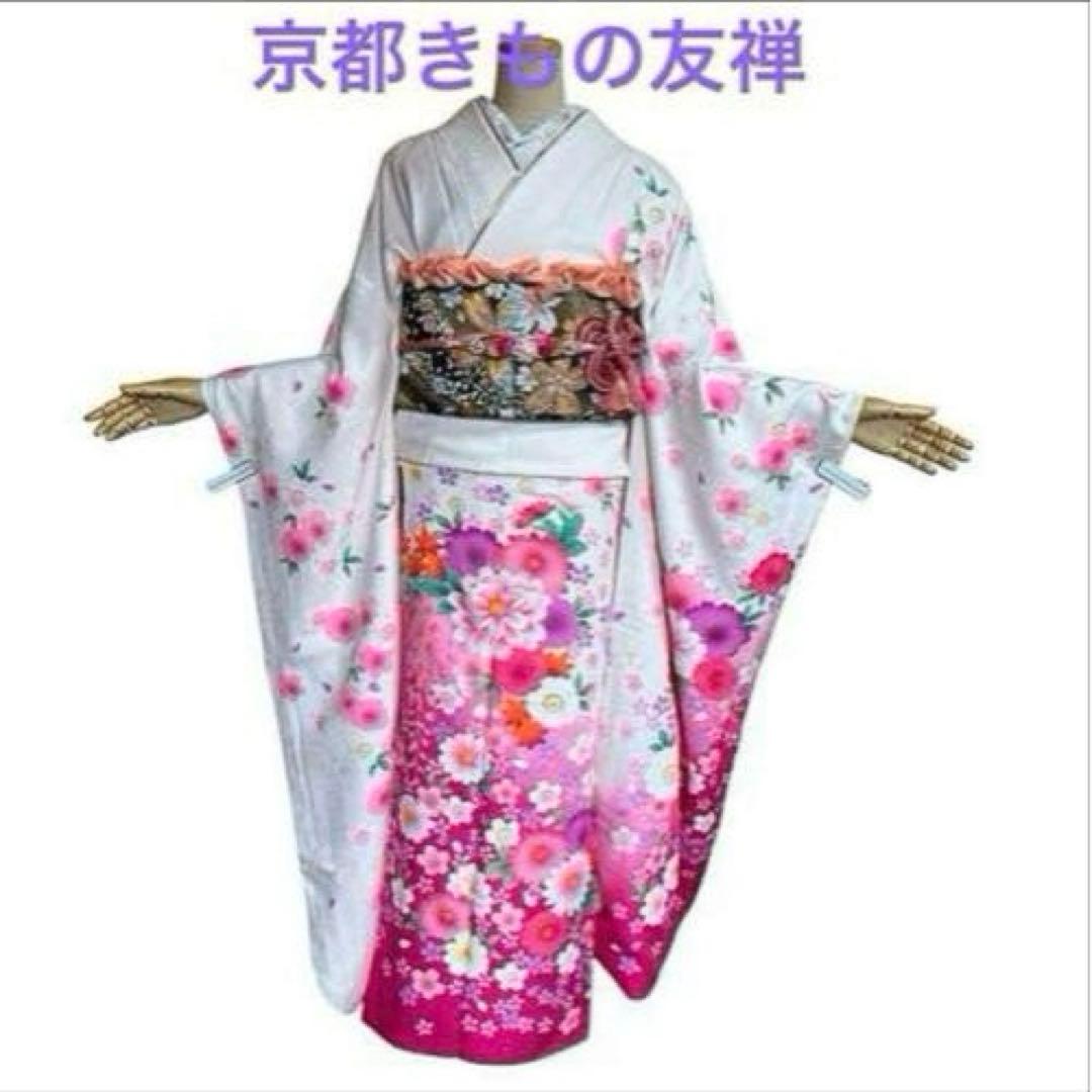 【トールサイズ】京都きもの友禅 振袖 白地 舞花文 ラメ刺繍 ②