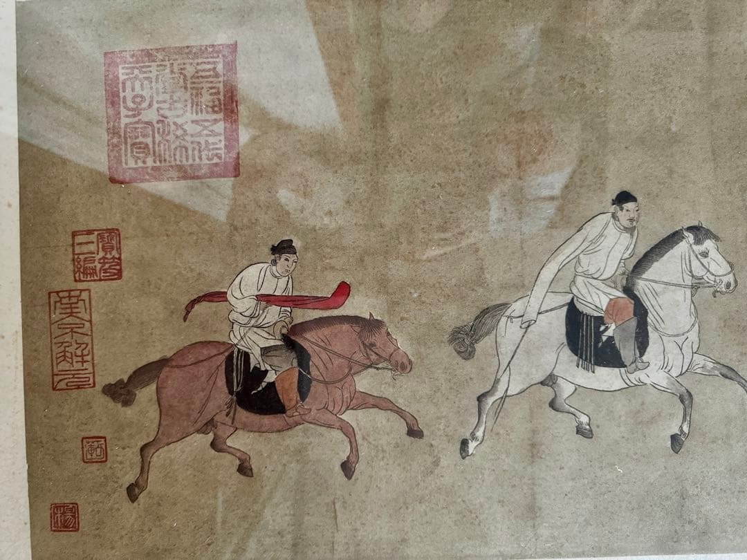 騎馬武士 中国画 工笔画 額付き