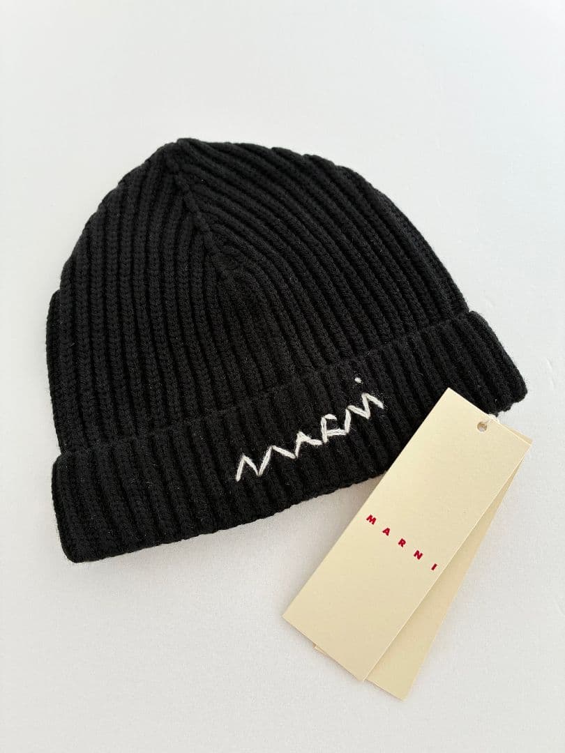 大人もOK! Marni マルニ .刺繍ロゴ リブ ニット帽 ニットキャップ