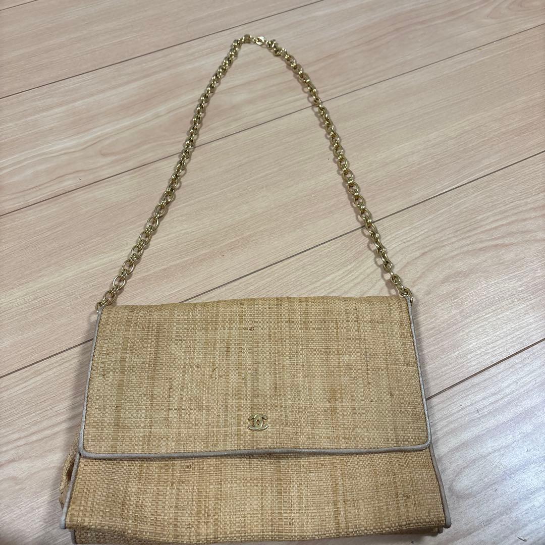 CHANEL ベージュ ストロー パーティーバッグ