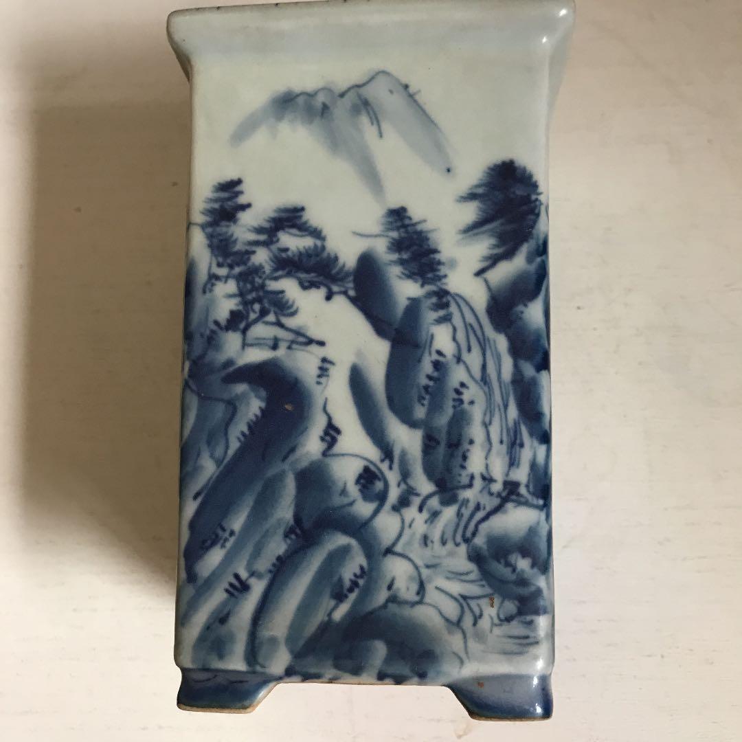 盆栽鉢　希少　水山　高級盆栽鉢古和鉢四面染付手書正方角深鉢懸崖鉢