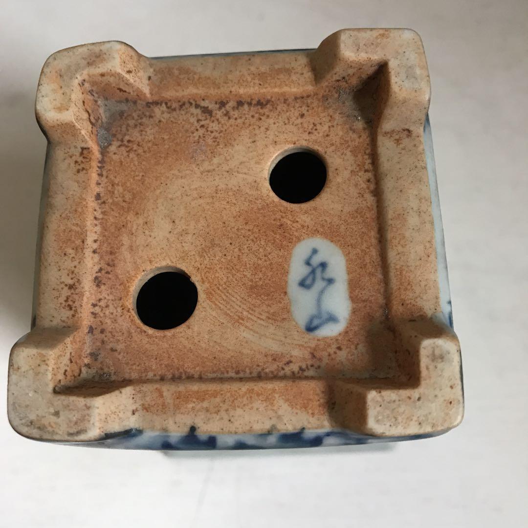 盆栽鉢　希少　水山　高級盆栽鉢古和鉢四面染付手書正方角深鉢懸崖鉢