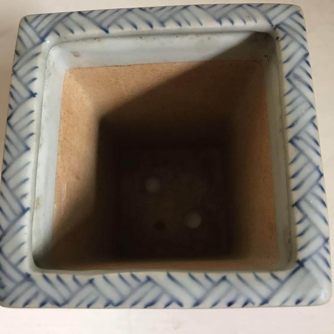 盆栽鉢　希少　水山　高級盆栽鉢古和鉢四面染付手書正方角深鉢懸崖鉢