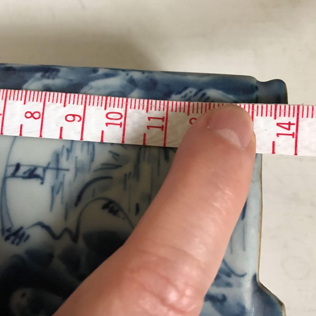 盆栽鉢　希少　水山　高級盆栽鉢古和鉢四面染付手書正方角深鉢懸崖鉢