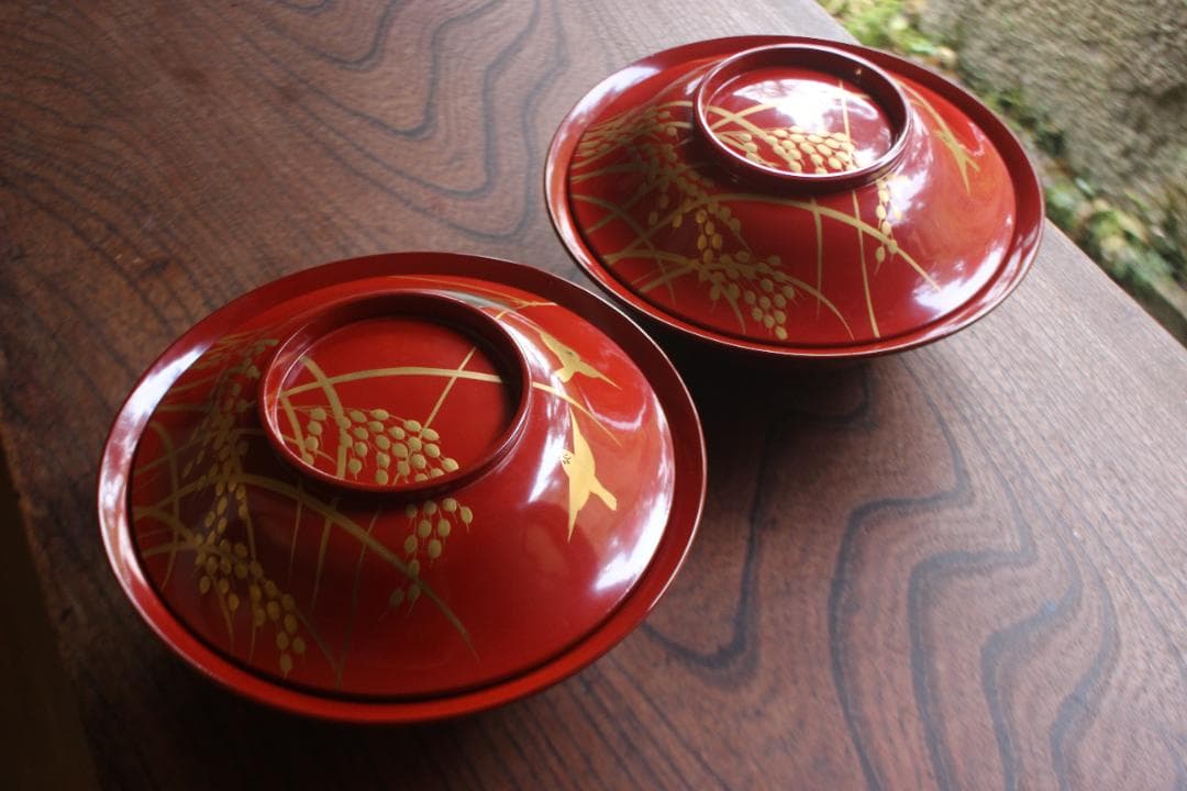 デッドストック！時代朱漆に極上稲穂雀蒔絵の映える大椀2点（検輪島塗蒔絵椀雑煮椀