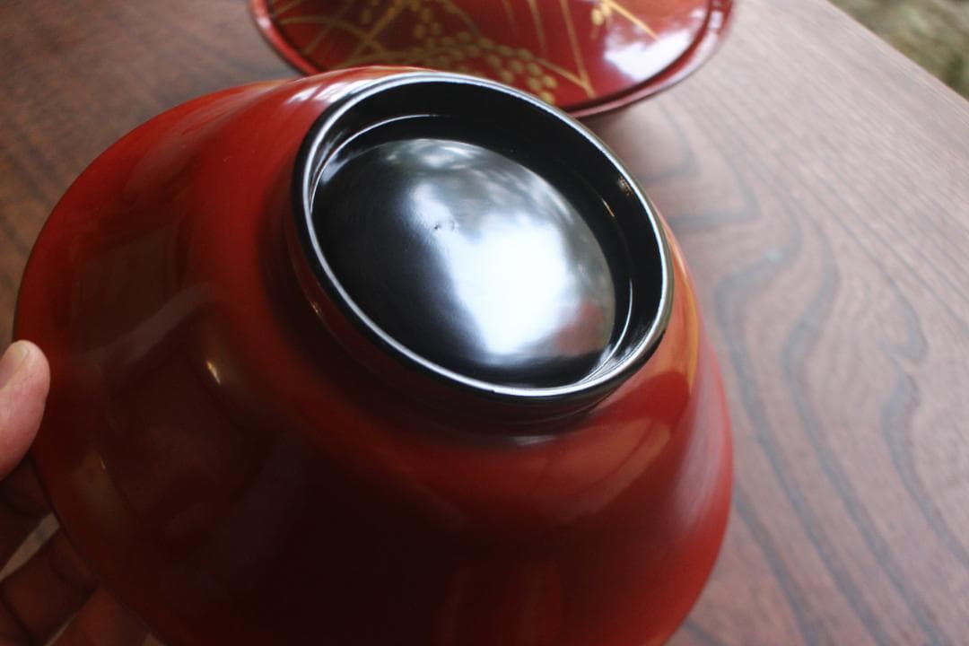 デッドストック！時代朱漆に極上稲穂雀蒔絵の映える大椀2点（検輪島塗蒔絵椀雑煮椀