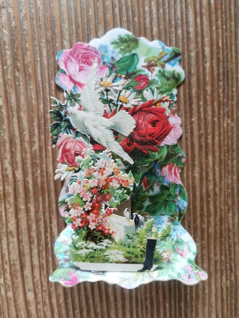 アンティークフランス 立体３層カードカニヴェ 聖体式記念 3D薔薇鳩バード勿忘草