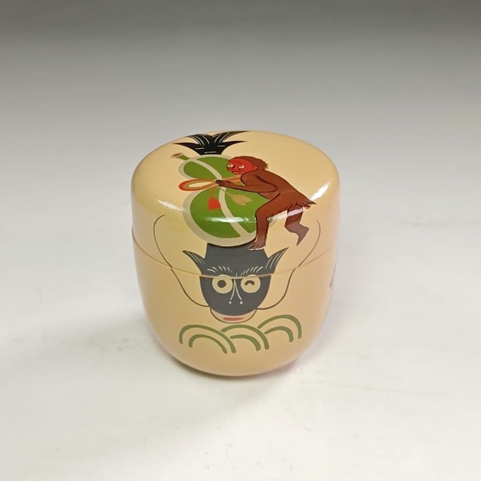 ウ211 棗『道場順一』『大津絵瓢箪鯰絵　白一閑塗　大棗　共箱』茶道具　茶器